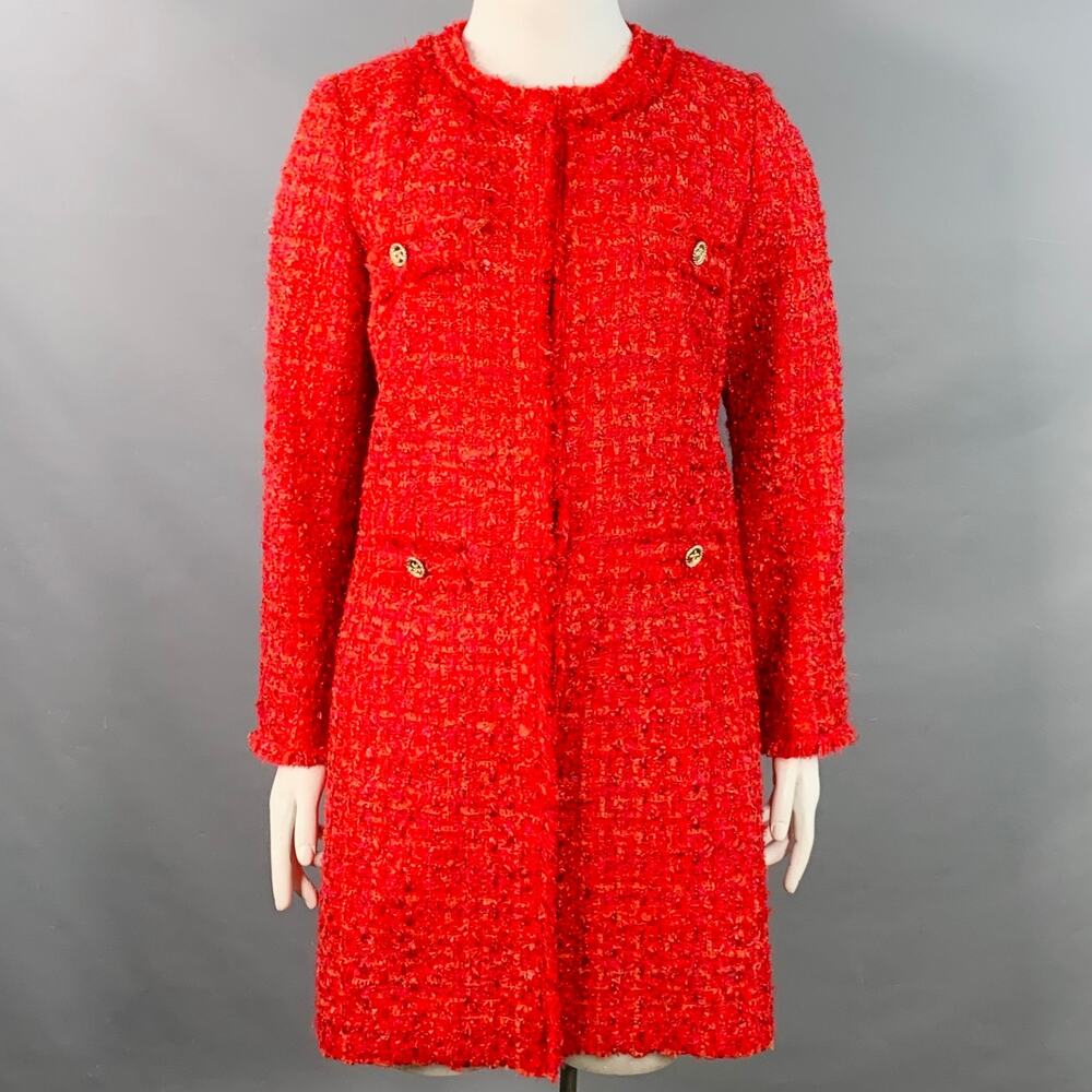 WEILL PARIS Size L Red Acrylic Blend Tweed Hook Eye Collarless Coat